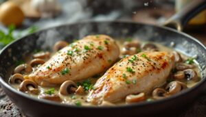 Petto di pollo con funghi in padella: cremoso, profumato e pronto in poco tempo