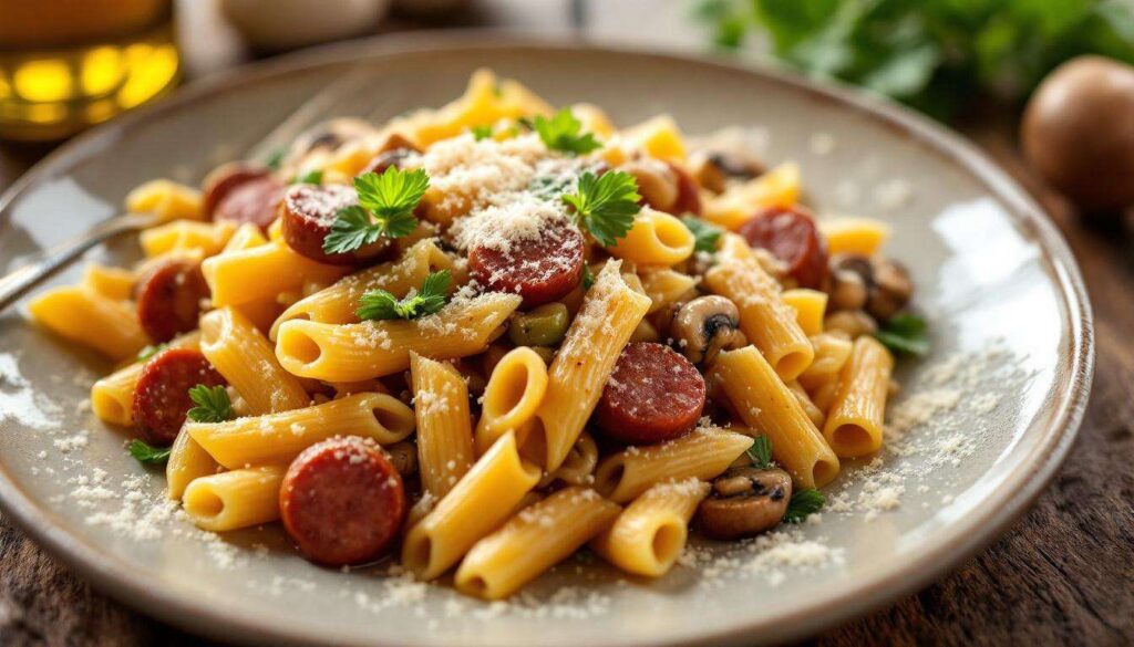 Pasta salsiccia, piselli e funghi: il sugo di padella pronto in 20 minuti