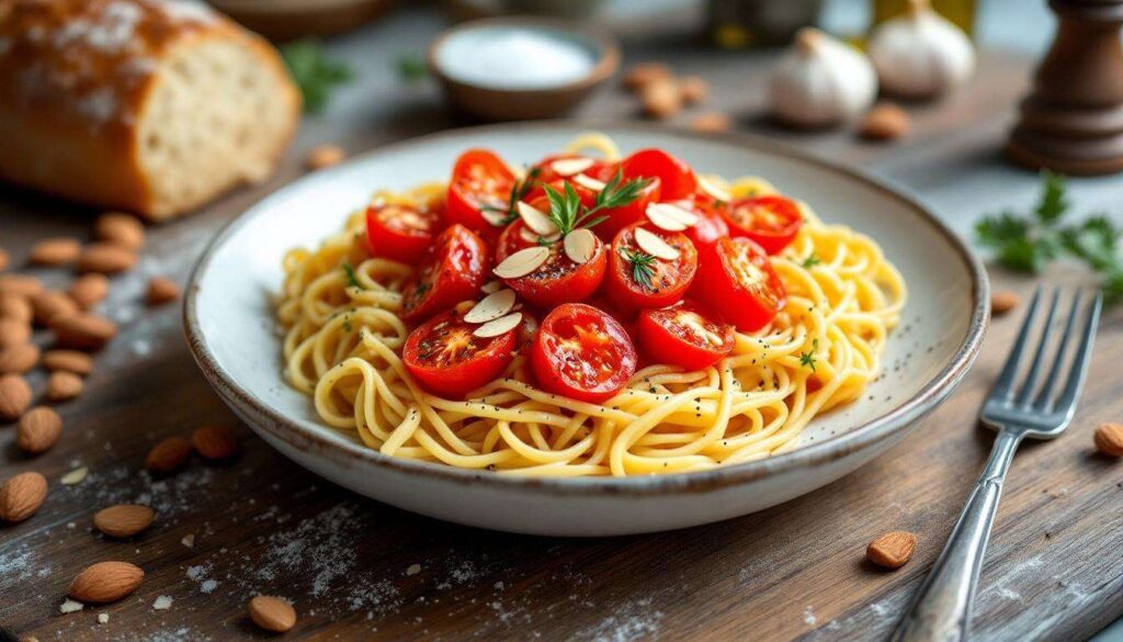 Ricetta Spaghettone con pomodoro arrosto, mandorle e finocchietto